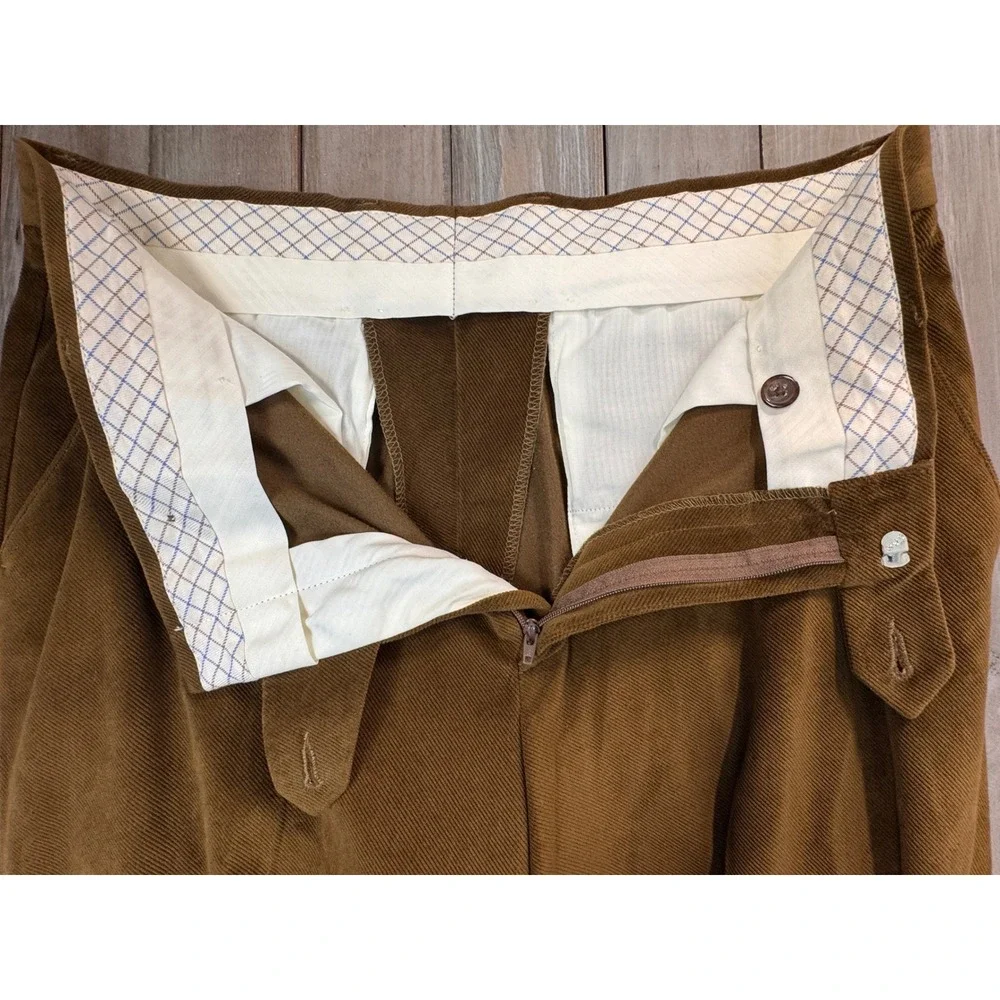 Vintage Barry Bricken Brown Green Soft Faux Corduroy Tailored Trousers 34 x 32